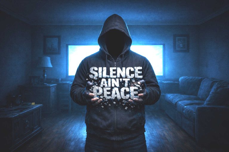 The Georgia Phantom holding crumbling stone letters that spell Silence Ain’t Peace in a dark living room illuminated by TV light