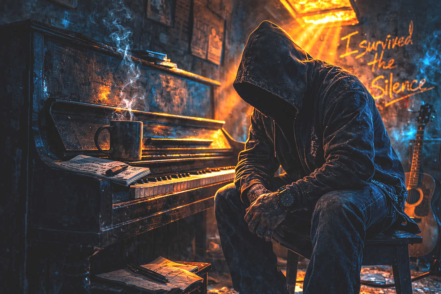 The Georgia Phantom considering the lyrics to "Stronger than Silence" in a darkened room illuminated by the light from above.