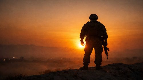 Silhouette of a soldier standing on a ridge at sunset, overlooking a distant desert city