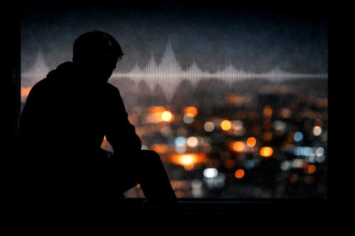 Georgia Phantom Stay review image of a man with headphones sitting by a window at night, looking out over city lights in a reflective mood