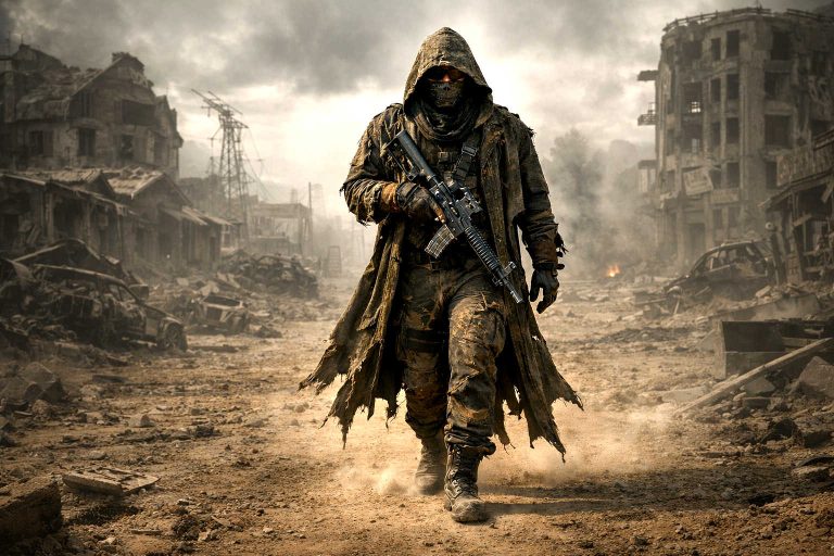 Carry You Home Featured Image GP walking through a dystopian ghost town with a gun and a torn up hoodie