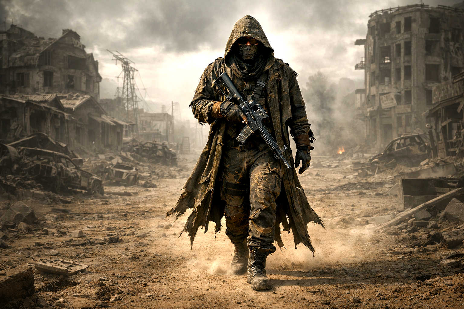Carry You Home Featured Image GP walking through a dystopian ghost town with a gun and a torn up hoodie