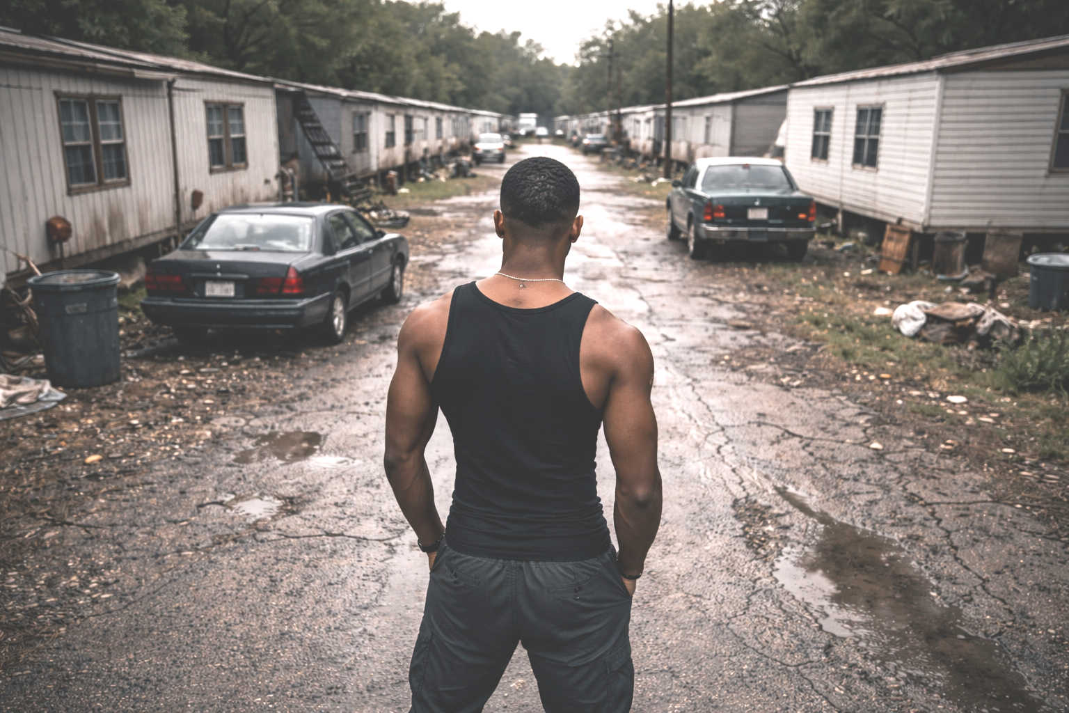 Rear view of a fit young man in a black tank top standing alone on a cracked road in a run-down trailer park, looking down the empty street under a cloudy sky.