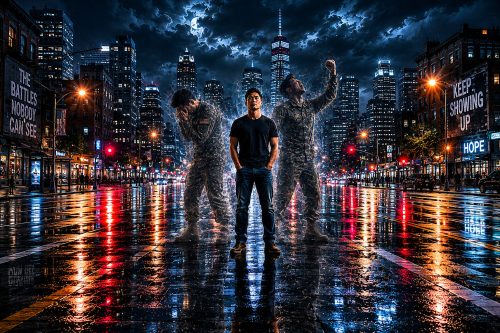 Young Asian man standing calmly on a city street at night while two transparent versions of himself in Army uniforms emerge behind him, one bent in anguish and the other shaking his fist in rage, symbolizing hidden emotional struggles and inner conflict.