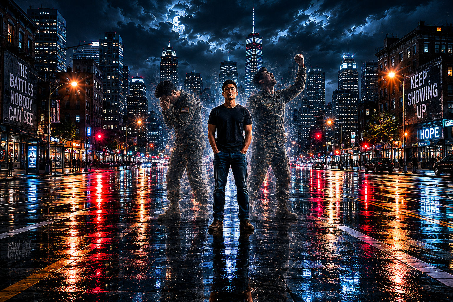 Young Asian man standing calmly on a city street at night while two transparent versions of himself in Army uniforms emerge behind him, one bent in anguish and the other shaking his fist in rage, symbolizing hidden emotional struggles and inner conflict.