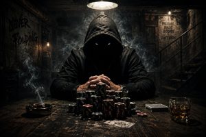 A hooded figure with glowing eyes sits at a poker table in a smoky basement surrounded by towering stacks of poker chips, whiskey glasses, and dim industrial lighting, creating a tense cinematic atmosphere inspired by Georgia Phantom’s “Never Folding.”
