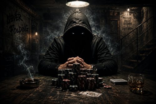A hooded figure with glowing eyes sits at a poker table in a smoky basement surrounded by towering stacks of poker chips, whiskey glasses, and dim industrial lighting, creating a tense cinematic atmosphere inspired by Georgia Phantom’s “Never Folding.”