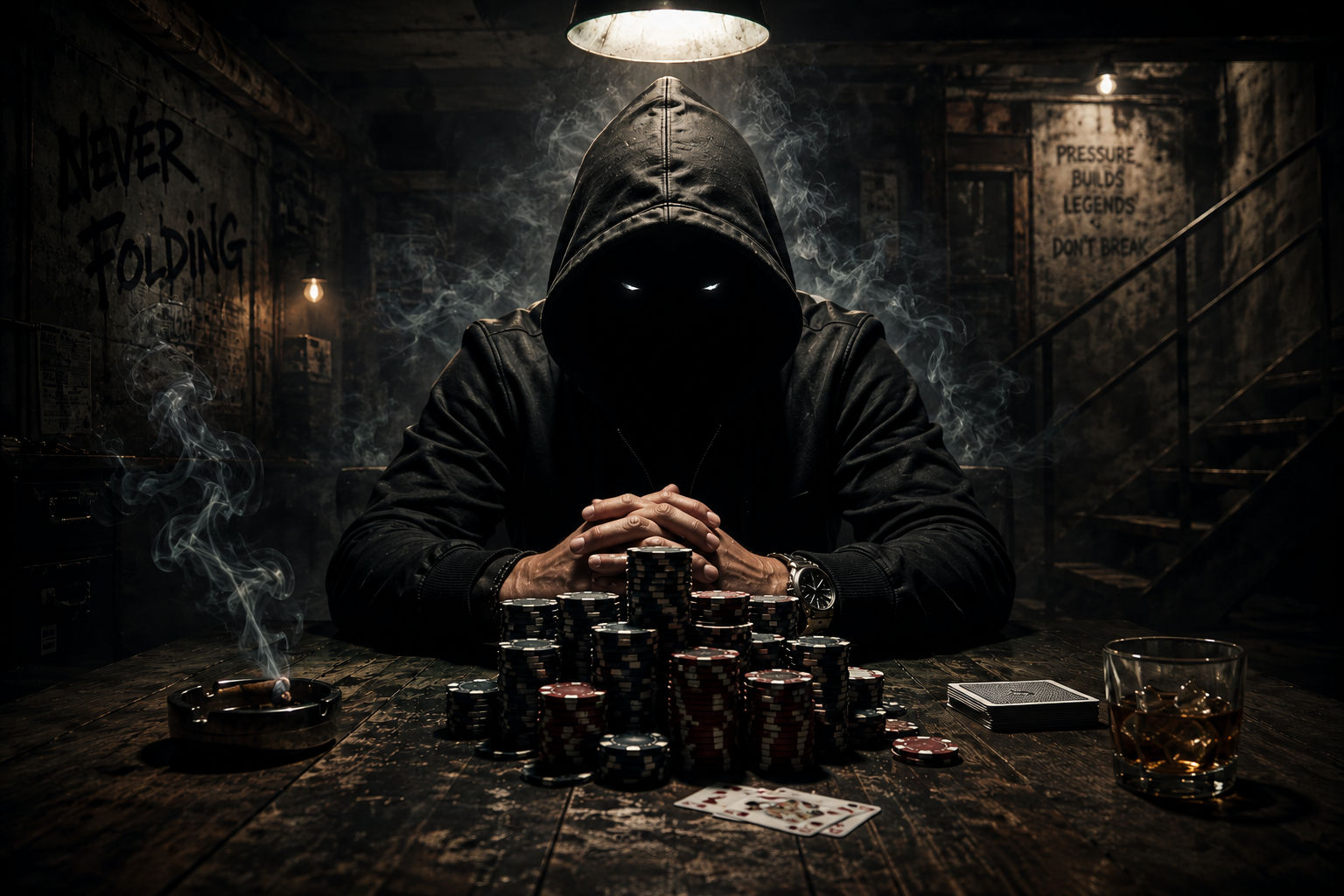 A hooded figure with glowing eyes sits at a poker table in a smoky basement surrounded by towering stacks of poker chips, whiskey glasses, and dim industrial lighting, creating a tense cinematic atmosphere inspired by Georgia Phantom’s “Never Folding.”
