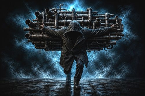 Hooded figure carrying a heavy network of metal pipes on his back symbolizing pressure and struggle in Georgia Phantom Made of Pressure review