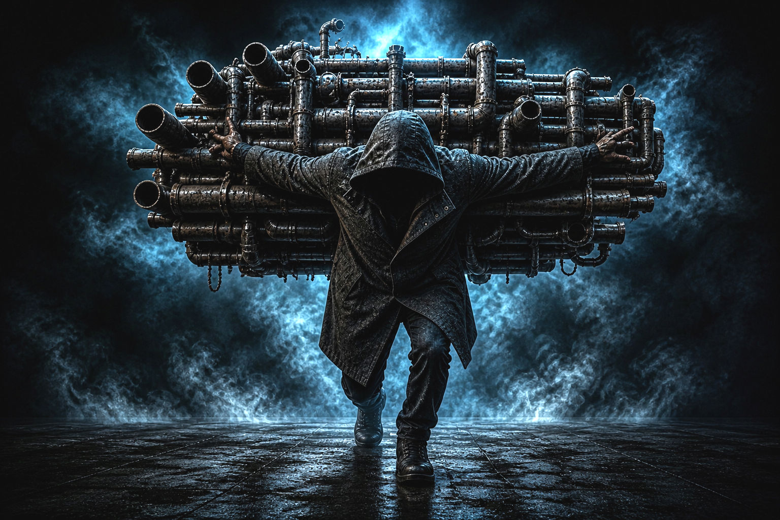 Hooded figure carrying a heavy network of metal pipes on his back symbolizing pressure and struggle in Georgia Phantom Made of Pressure review