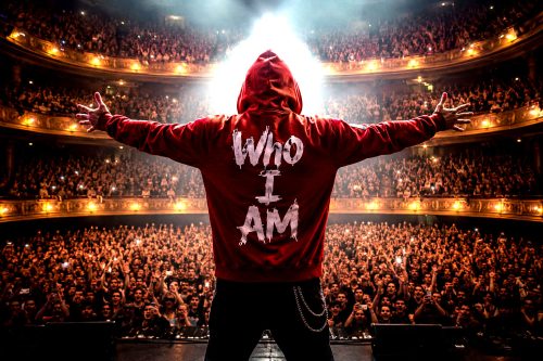 Georgia Phantom stands onstage with arms outstretched before a packed roaring theater crowd, wearing a red hoodie with “Who I AM” printed on the back beneath dramatic concert lighting.