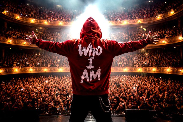 Georgia Phantom stands onstage with arms outstretched before a packed roaring theater crowd, wearing a red hoodie with “Who I AM” printed on the back beneath dramatic concert lighting.