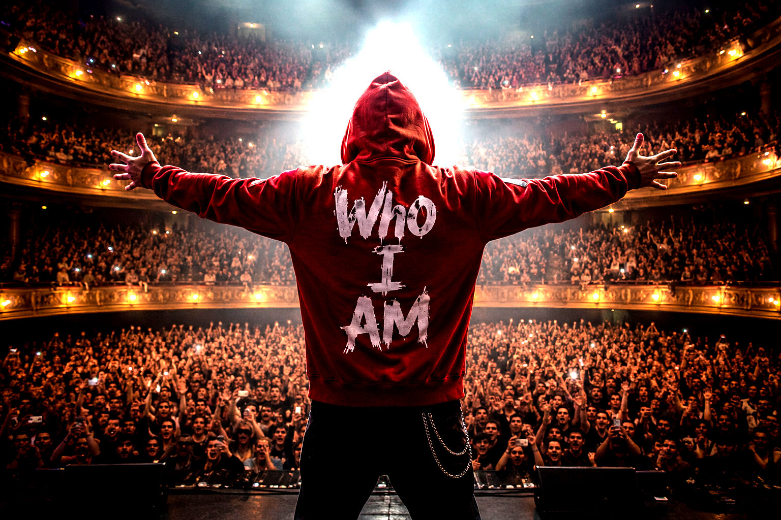Georgia Phantom stands onstage with arms outstretched before a packed roaring theater crowd, wearing a red hoodie with “Who I AM” printed on the back beneath dramatic concert lighting.